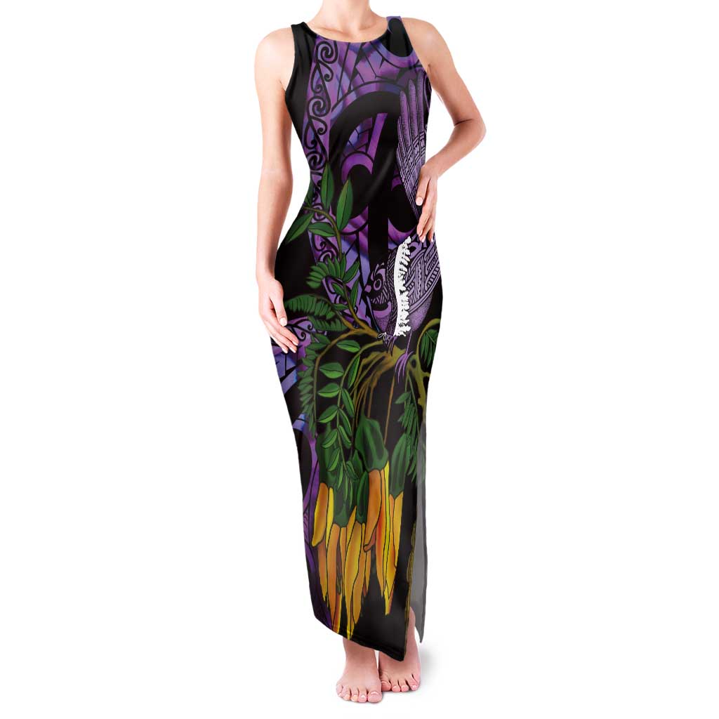 Purple New Zealand Kowhai And Piwakawaka Tank Maxi Dress Maori Ngaru Paua Shell LT14 Women Purple - Polynesian Pride