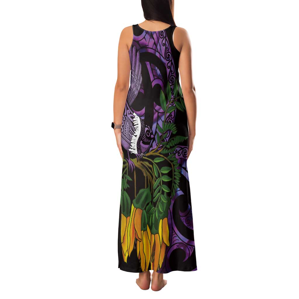 Purple New Zealand Kowhai And Piwakawaka Tank Maxi Dress Maori Ngaru Paua Shell LT14 - Polynesian Pride