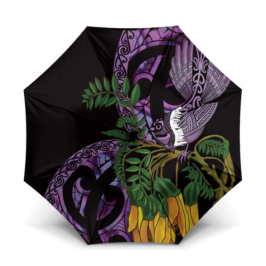Purple New Zealand Kowhai And Piwakawaka Umbrella Maori Ngaru Paua Shell - Polynesian Pride