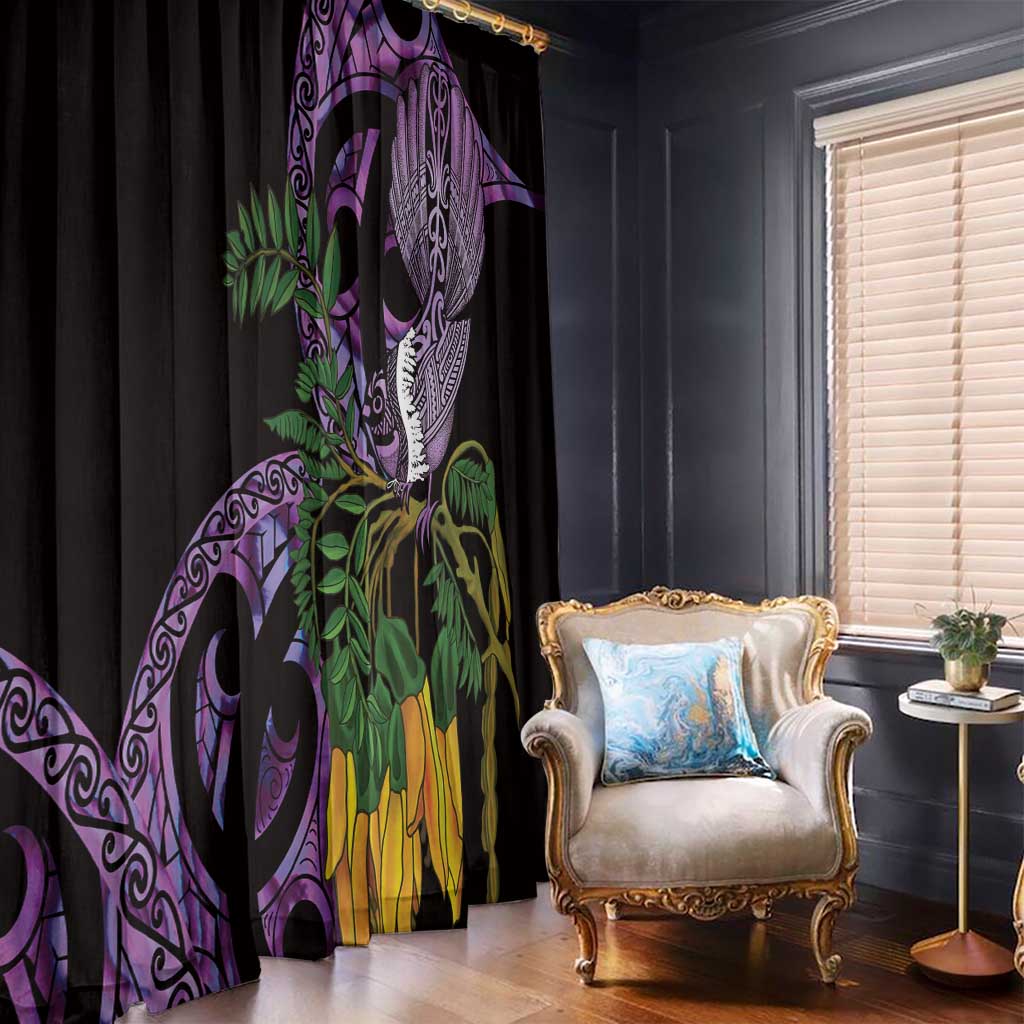 Purple New Zealand Kowhai And Piwakawaka Window Curtain Maori Ngaru Paua Shell LT14 - Polynesian Pride