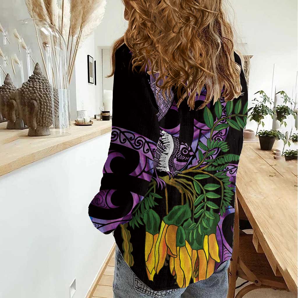 Purple New Zealand Kowhai And Piwakawaka Women Casual Shirt Maori Ngaru Paua Shell LT14 - Polynesian Pride