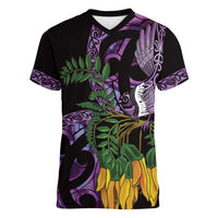 Purple New Zealand Kowhai And Piwakawaka Women V-Neck T-Shirt Maori Ngaru Paua Shell