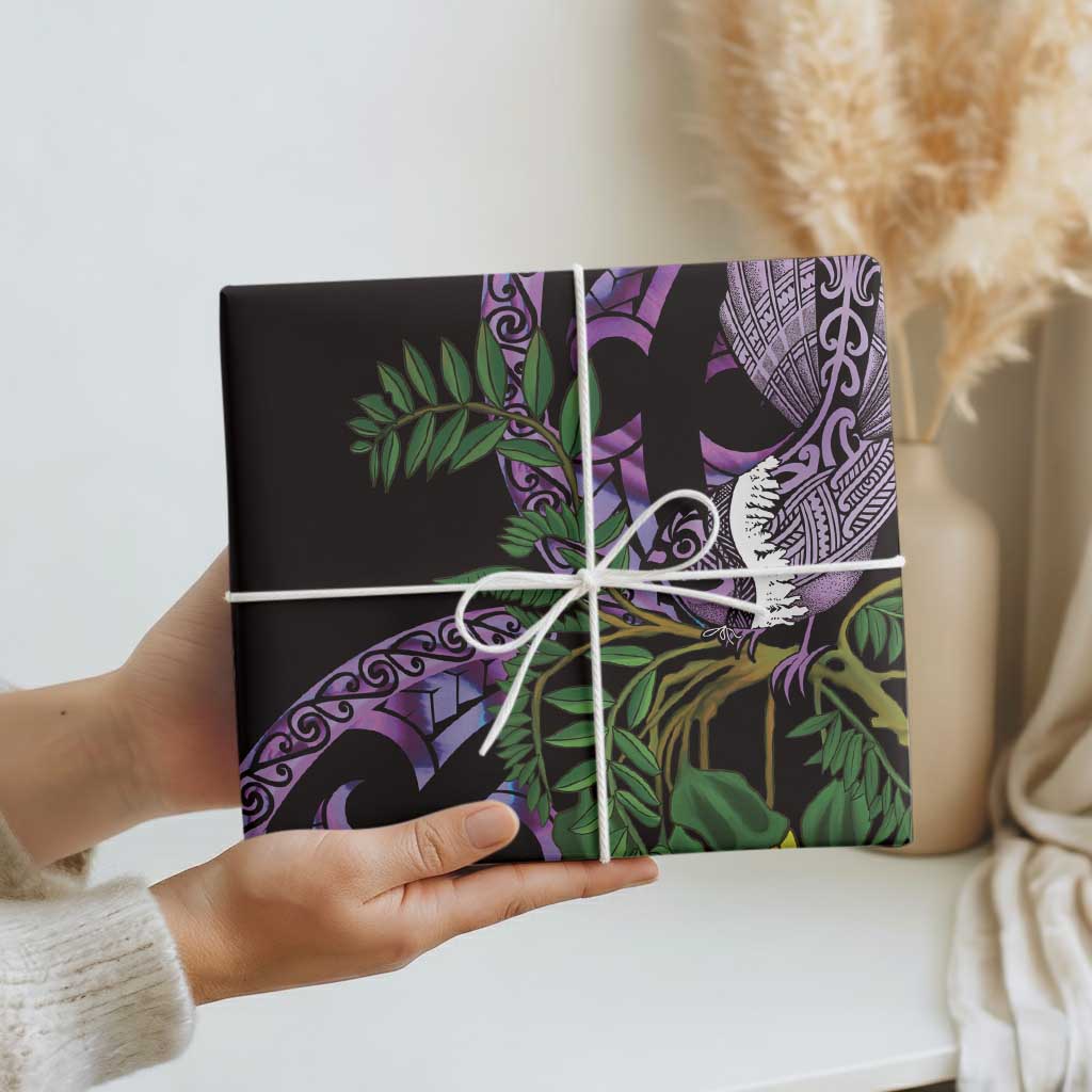 Purple New Zealand Kowhai And Piwakawaka Wrapping Paper Maori Ngaru Paua Shell LT14 - Polynesian Pride