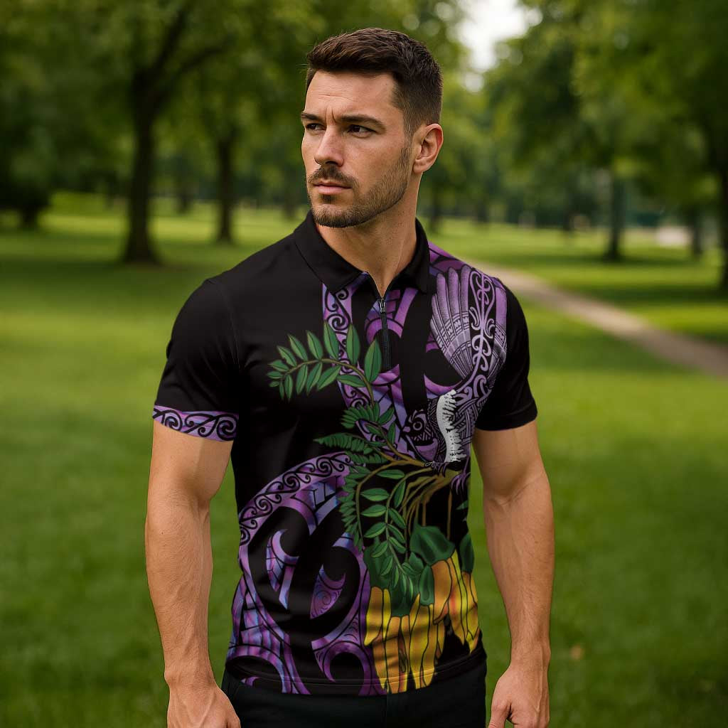 Purple New Zealand Kowhai And Piwakawaka Zipper Polo Shirt Maori Ngaru Paua Shell LT14 - Polynesian Pride