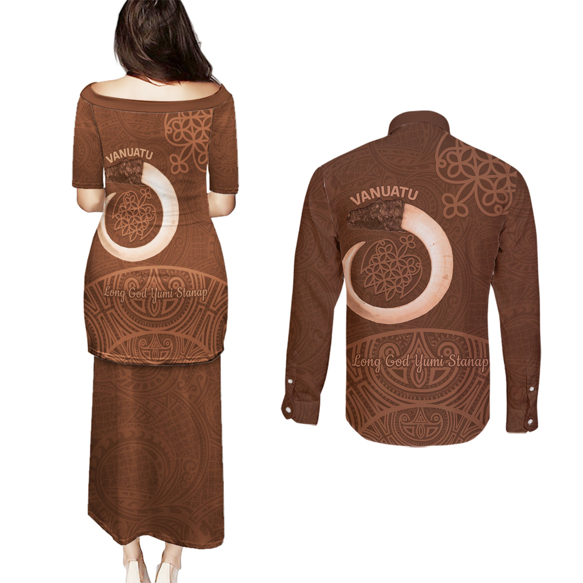 Vanuatu Indipendens Dei Couples Matching Puletasi and Long Sleeve Button Shirt Yumi 44th Sand Drawing Turtle Mix Lapita