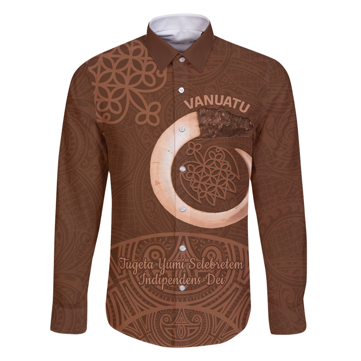 Vanuatu Indipendens Dei Family Matching Off The Shoulder Long Sleeve Dress and Hawaiian Shirt Yumi Sand Drawing Turtle Mix Lapita LT14 Dad's Shirt - Long Sleeve Brown - Polynesian Pride