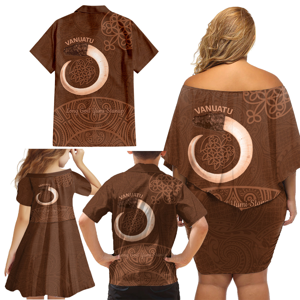 Vanuatu Indipendens Dei Family Matching Off Shoulder Short Dress and Hawaiian Shirt Yumi Sand Drawing Turtle Mix Lapita LT14 - Polynesian Pride