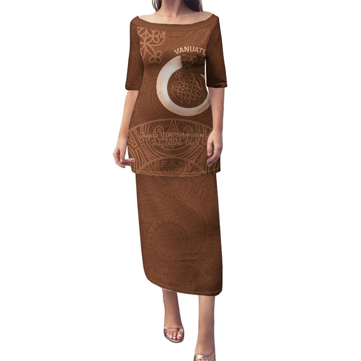 Vanuatu Indipendens Dei Family Matching Puletasi and Hawaiian Shirt Yumi Sand Drawing Turtle Mix Lapita LT14 Mom's Dress Brown - Polynesian Pride