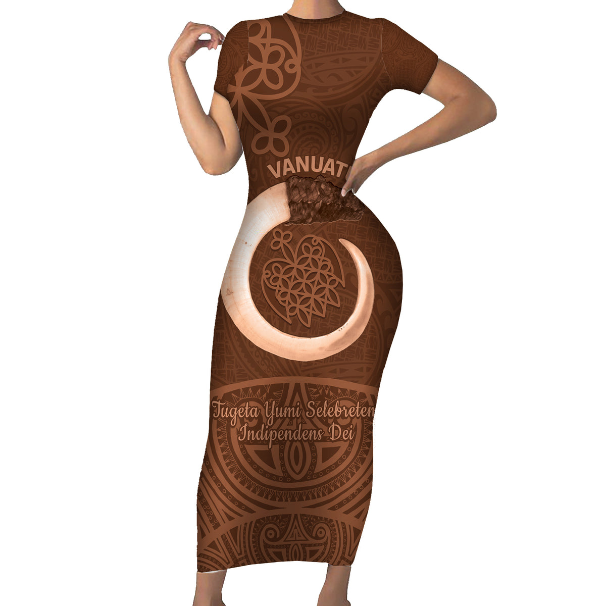 Vanuatu Indipendens Dei Family Matching Short Sleeve Bodycon Dress and Hawaiian Shirt Yumi Sand Drawing Turtle Mix Lapita LT14 Mom's Dress Brown - Polynesian Pride
