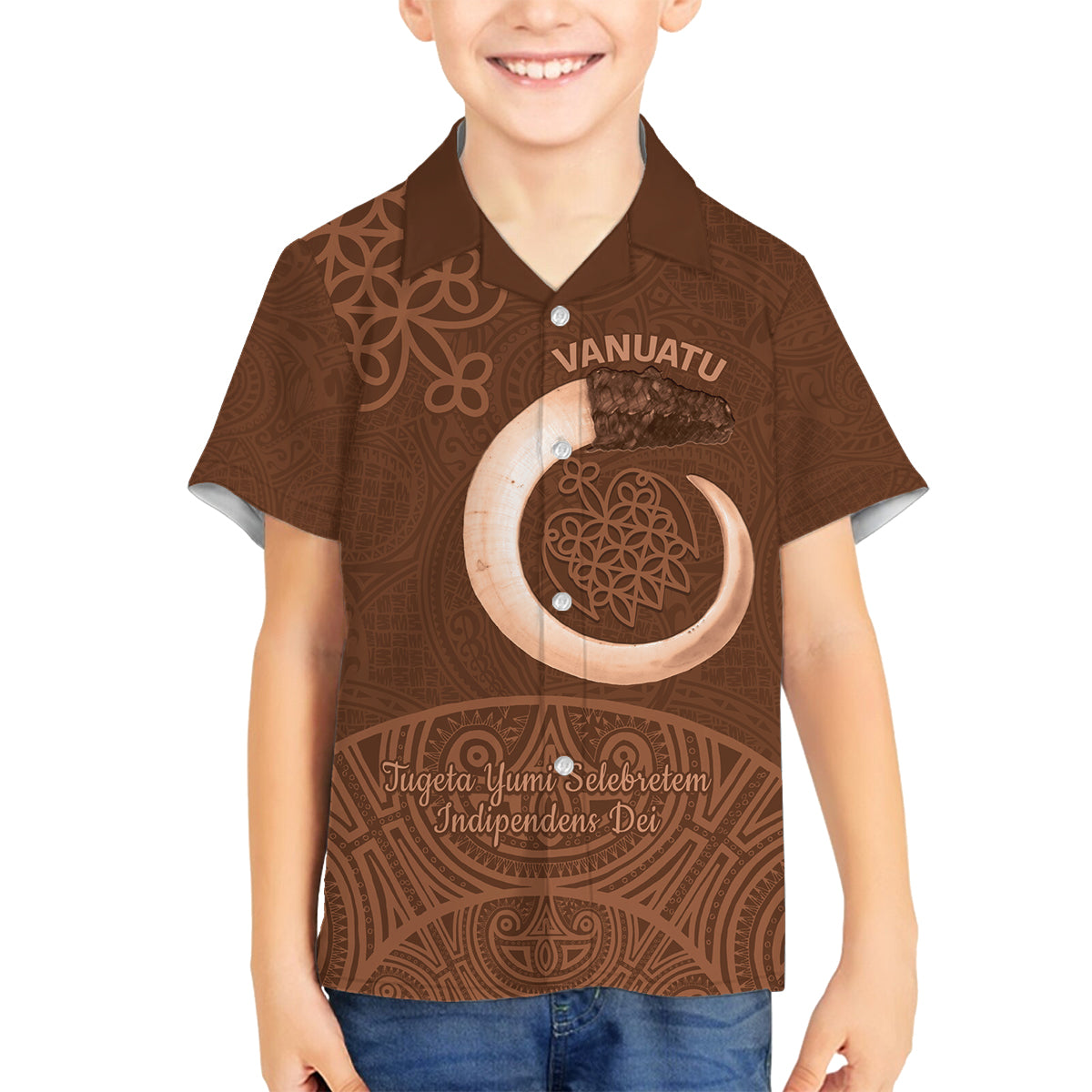 Vanuatu Indipendens Dei Family Matching Tank Maxi Dress and Hawaiian Shirt Yumi Sand Drawing Turtle Mix Lapita LT14 Son's Shirt Brown - Polynesian Pride