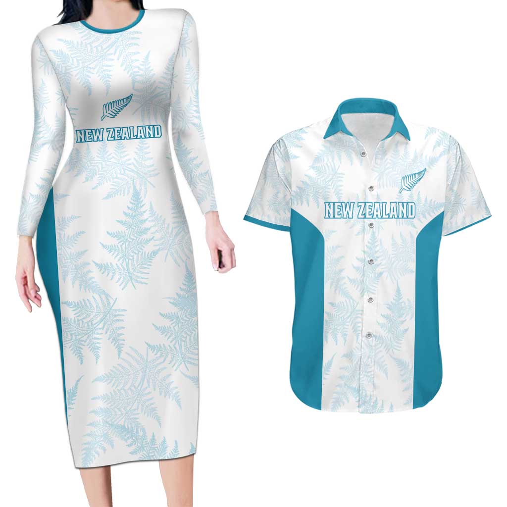 Custom New Zealand Silver Fern Football Couples Matching Long Sleeve Bodycon Dress and Hawaiian Shirt Come On All White LT14 White - Polynesian Pride