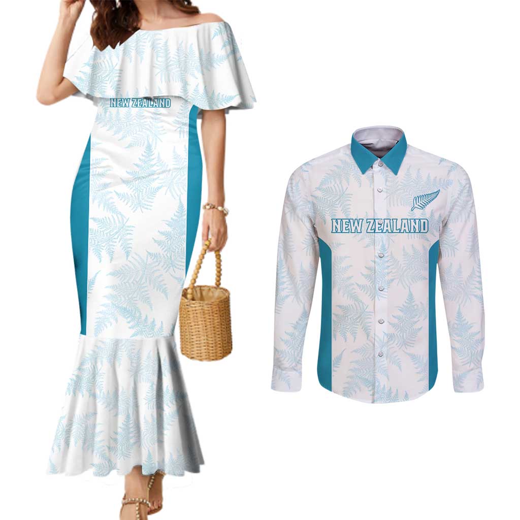 Custom New Zealand Silver Fern Football Couples Matching Mermaid Dress and Long Sleeve Button Shirt Come On All White LT14 White - Polynesian Pride