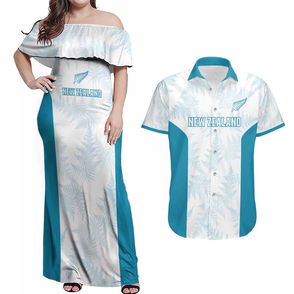 Custom New Zealand Silver Fern Football Couples Matching Off Shoulder Maxi Dress and Hawaiian Shirt Come On All White LT14 White - Polynesian Pride