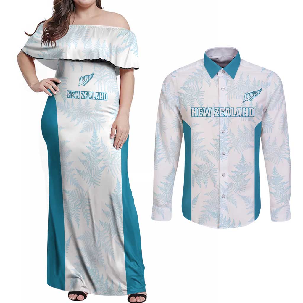 Custom New Zealand Silver Fern Football Couples Matching Off Shoulder Maxi Dress and Long Sleeve Button Shirt Come On All White LT14 White - Polynesian Pride