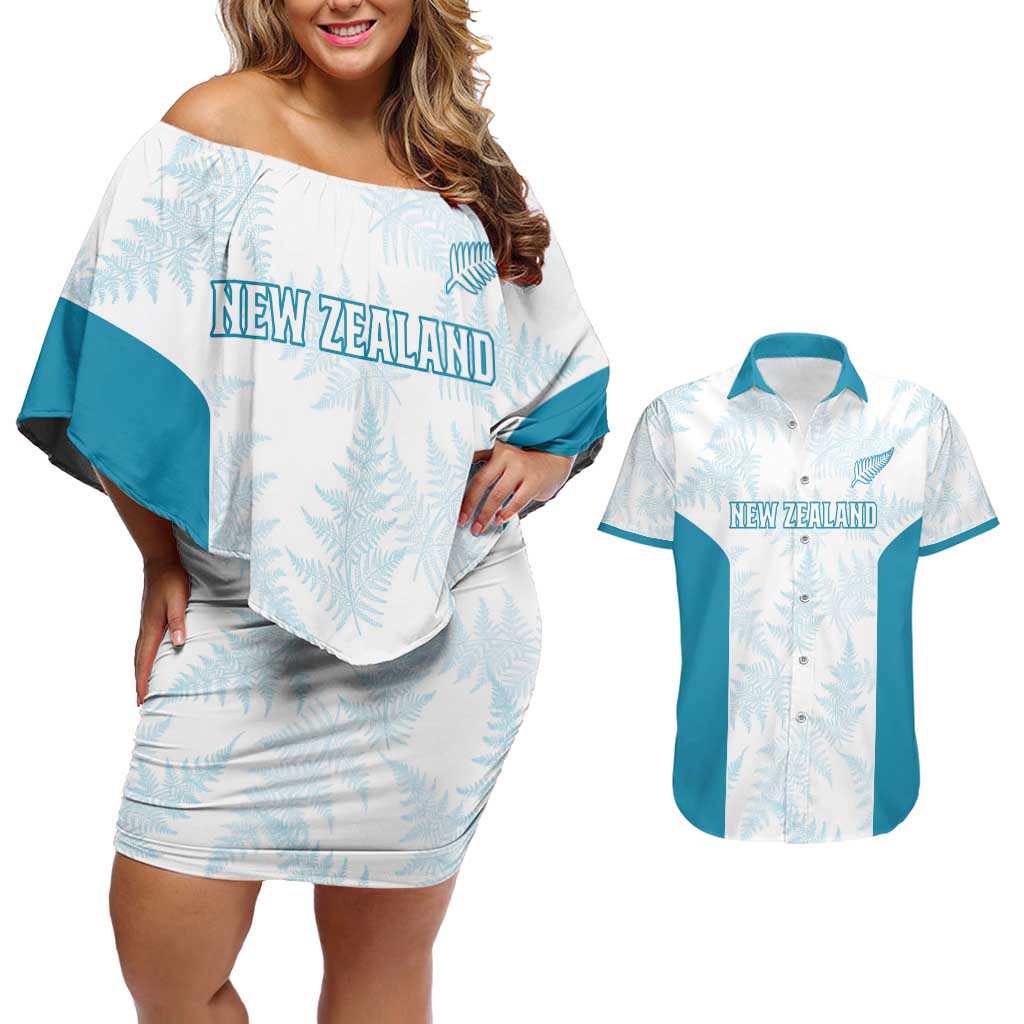 Custom New Zealand Silver Fern Football Couples Matching Off Shoulder Short Dress and Hawaiian Shirt Come On All White LT14 White - Polynesian Pride