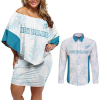 Custom New Zealand Silver Fern Football Couples Matching Off Shoulder Short Dress and Long Sleeve Button Shirt Come On All White LT14 White - Polynesian Pride