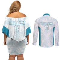 Custom New Zealand Silver Fern Football Couples Matching Off Shoulder Short Dress and Long Sleeve Button Shirt Come On All White LT14 - Polynesian Pride