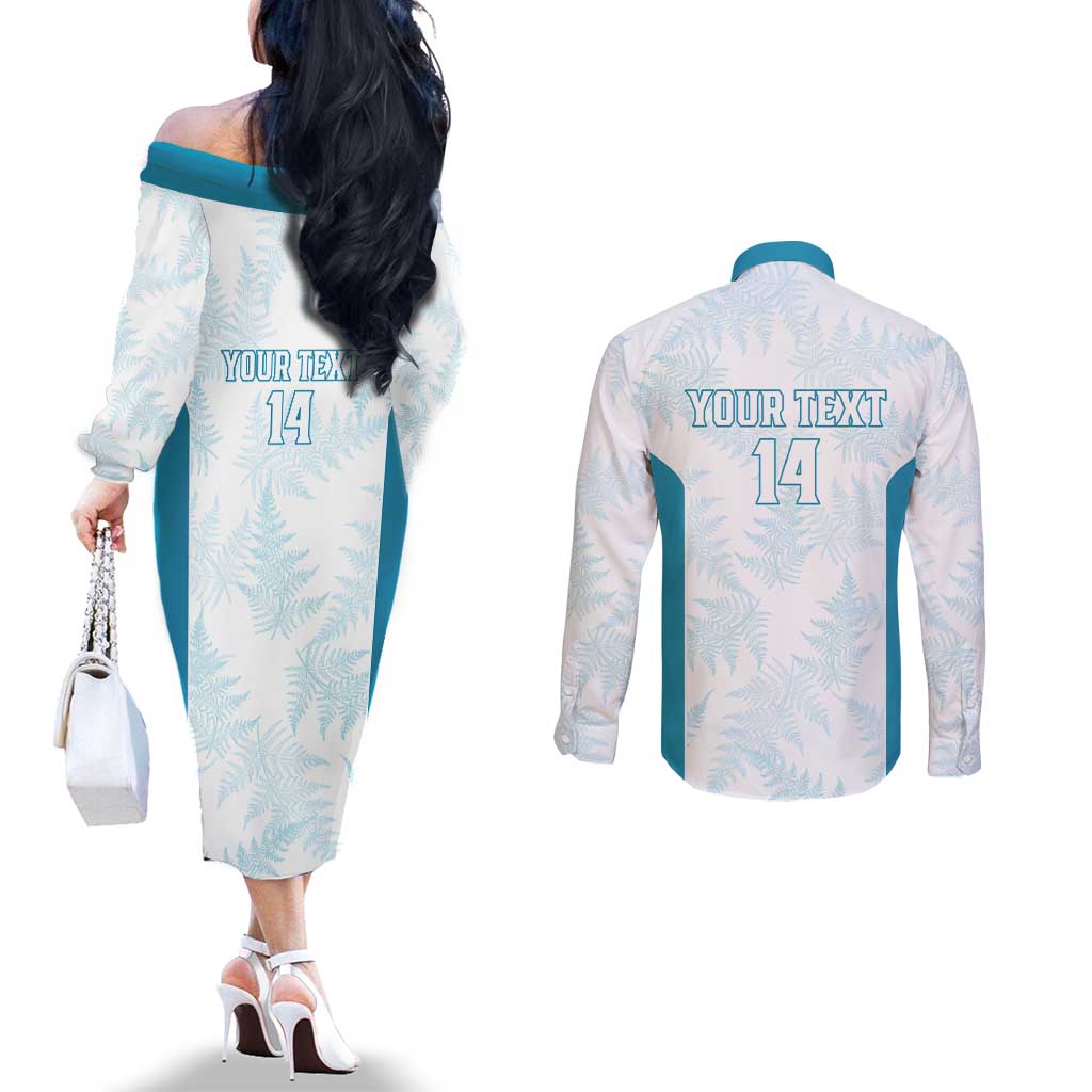 Custom New Zealand Silver Fern Football Couples Matching Off The Shoulder Long Sleeve Dress and Long Sleeve Button Shirt Come On All White LT14 - Polynesian Pride