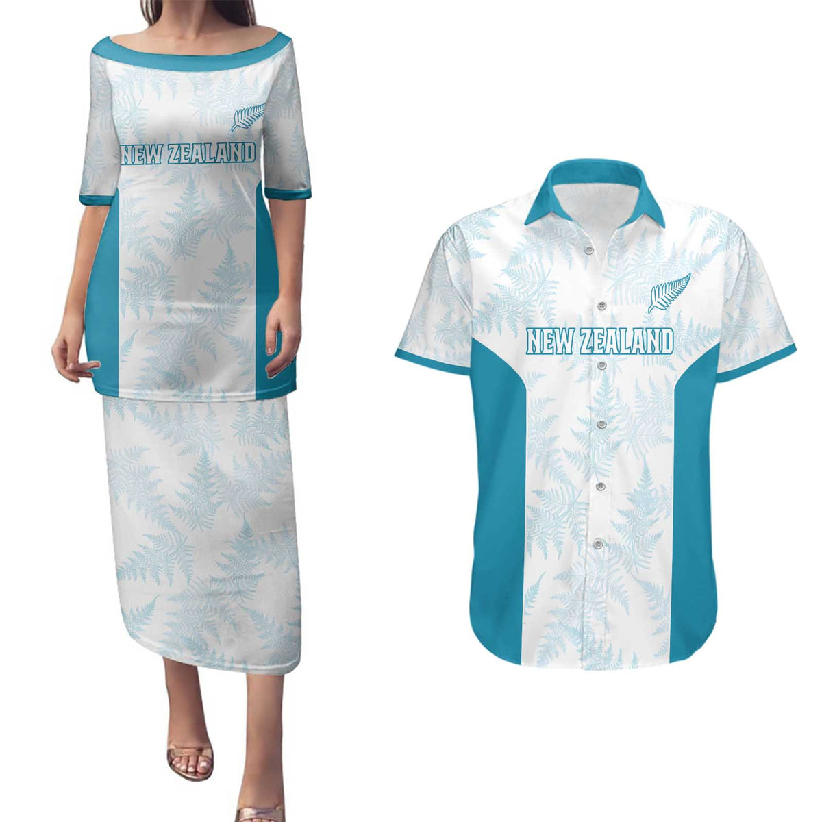 Custom New Zealand Silver Fern Football Couples Matching Puletasi and Hawaiian Shirt Come On All White LT14 White - Polynesian Pride