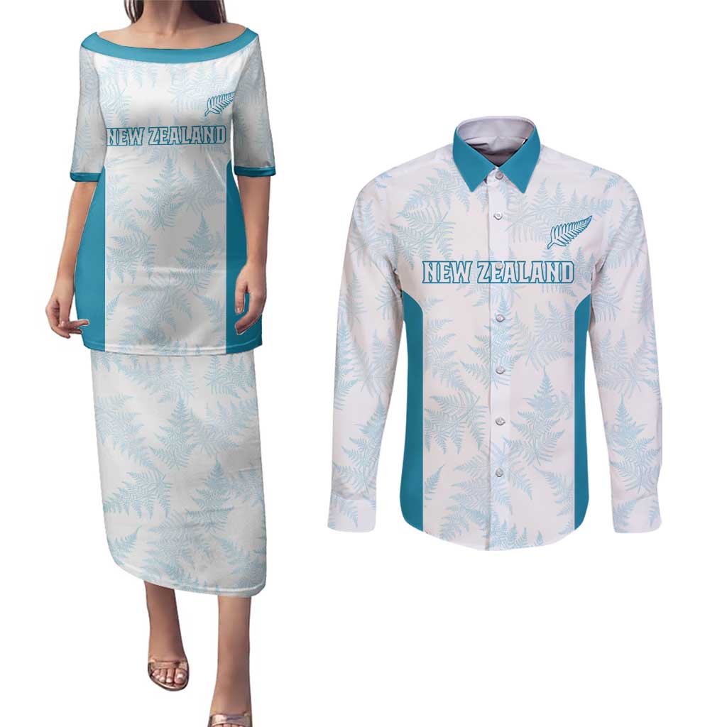 Custom New Zealand Silver Fern Football Couples Matching Puletasi and Long Sleeve Button Shirt Come On All White LT14 White - Polynesian Pride