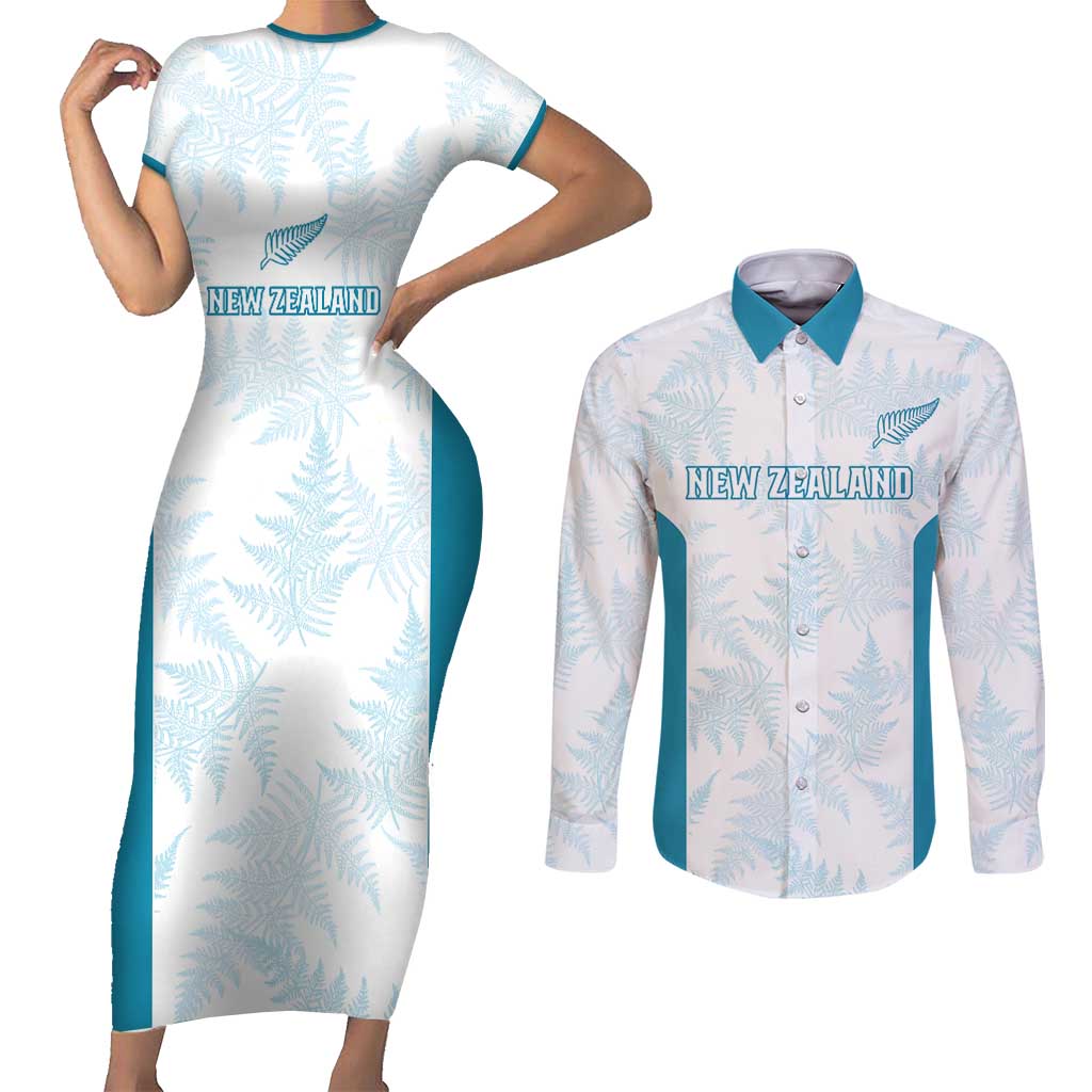Custom New Zealand Silver Fern Football Couples Matching Short Sleeve Bodycon Dress and Long Sleeve Button Shirt Come On All White LT14 White - Polynesian Pride