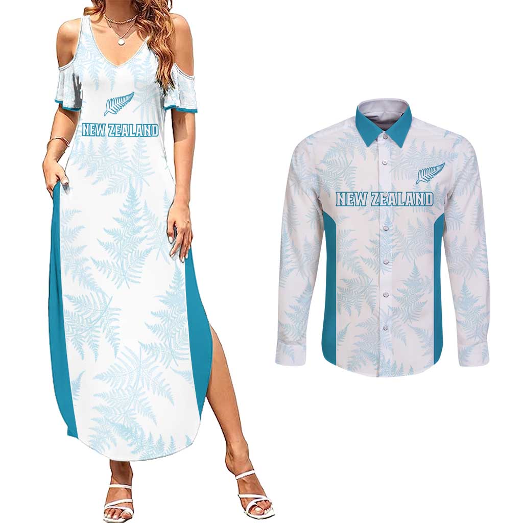 Custom New Zealand Silver Fern Football Couples Matching Summer Maxi Dress and Long Sleeve Button Shirt Come On All White LT14 White - Polynesian Pride
