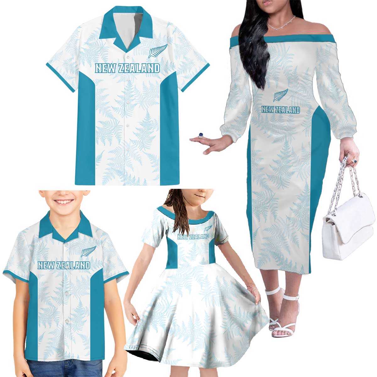 Custom New Zealand Silver Fern Football Family Matching Off The Shoulder Long Sleeve Dress and Hawaiian Shirt Come On All White LT14 - Polynesian Pride