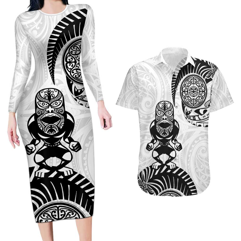 Custom Aotearoa Football Couples Matching Long Sleeve Bodycon Dress and Hawaiian Shirt NZ Maori Tiki Go Champions LT14 White - Polynesian Pride