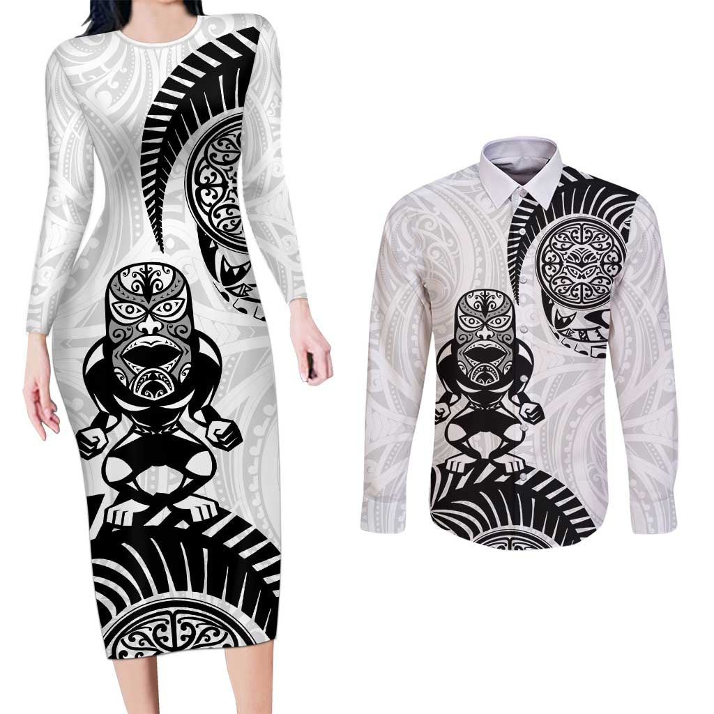 Custom Aotearoa Football Couples Matching Long Sleeve Bodycon Dress and Long Sleeve Button Shirt NZ Maori Tiki Go Champions LT14 White - Polynesian Pride