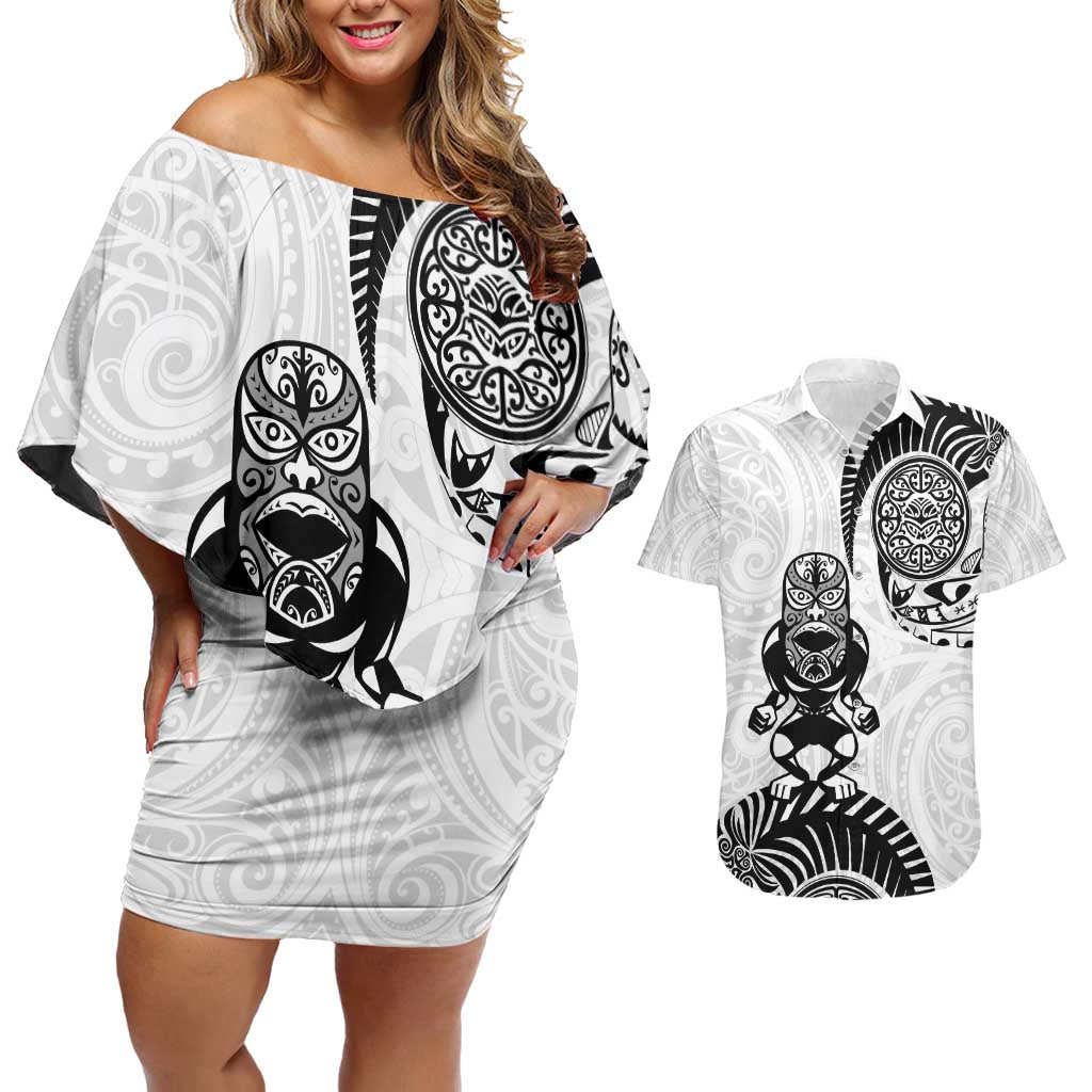 Custom Aotearoa Football Couples Matching Off Shoulder Short Dress and Hawaiian Shirt NZ Maori Tiki Go Champions LT14 White - Polynesian Pride