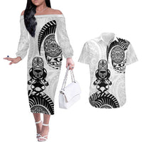 Custom Aotearoa Football Couples Matching Off The Shoulder Long Sleeve Dress and Hawaiian Shirt NZ Maori Tiki Go Champions LT14 White - Polynesian Pride