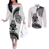 Custom Aotearoa Football Couples Matching Off The Shoulder Long Sleeve Dress and Long Sleeve Button Shirt NZ Maori Tiki Go Champions LT14 White - Polynesian Pride