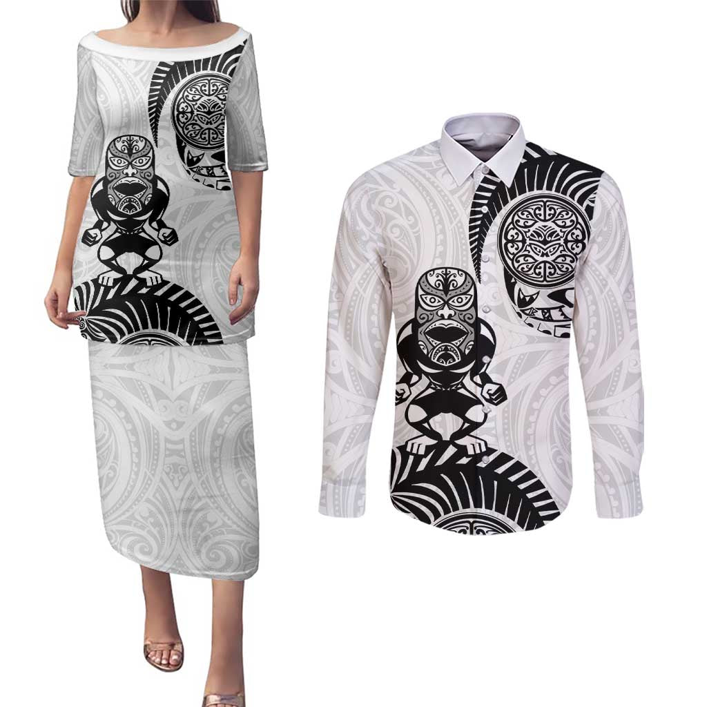Custom Aotearoa Football Couples Matching Puletasi and Long Sleeve Button Shirt NZ Maori Tiki Go Champions LT14 White - Polynesian Pride