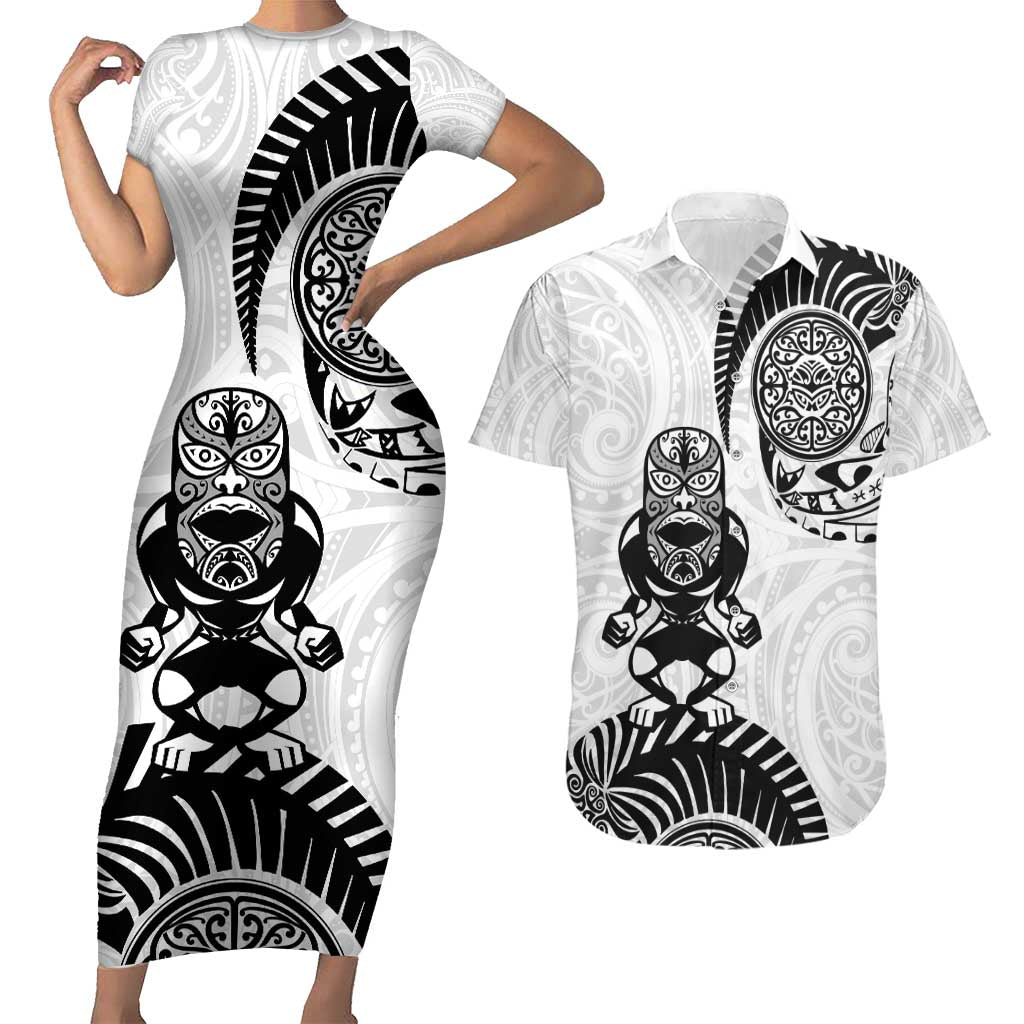 Custom Aotearoa Football Couples Matching Short Sleeve Bodycon Dress and Hawaiian Shirt NZ Maori Tiki Go Champions LT14 White - Polynesian Pride