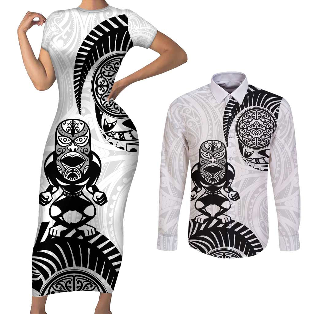 Custom Aotearoa Football Couples Matching Short Sleeve Bodycon Dress and Long Sleeve Button Shirt NZ Maori Tiki Go Champions LT14 White - Polynesian Pride