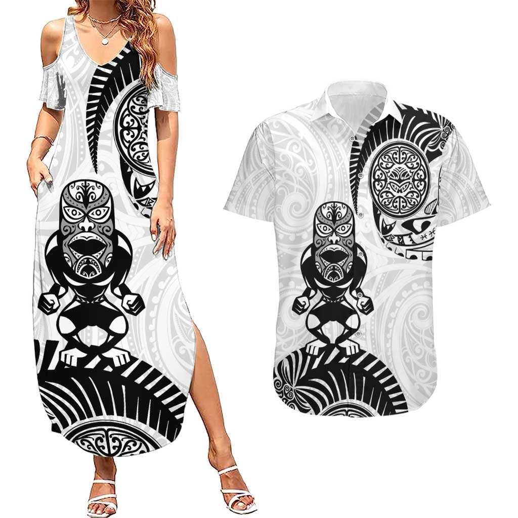 Custom Aotearoa Football Couples Matching Summer Maxi Dress and Hawaiian Shirt NZ Maori Tiki Go Champions LT14 White - Polynesian Pride