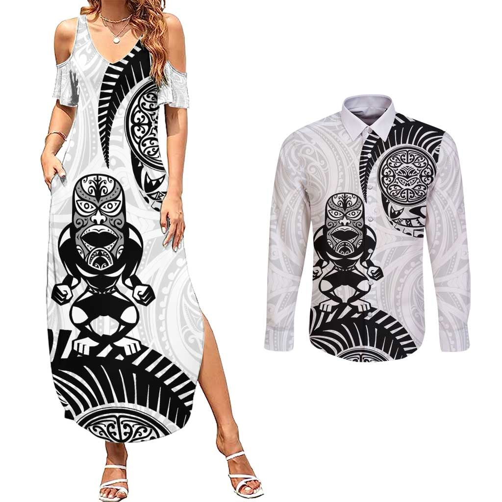 Custom Aotearoa Football Couples Matching Summer Maxi Dress and Long Sleeve Button Shirt NZ Maori Tiki Go Champions LT14 White - Polynesian Pride