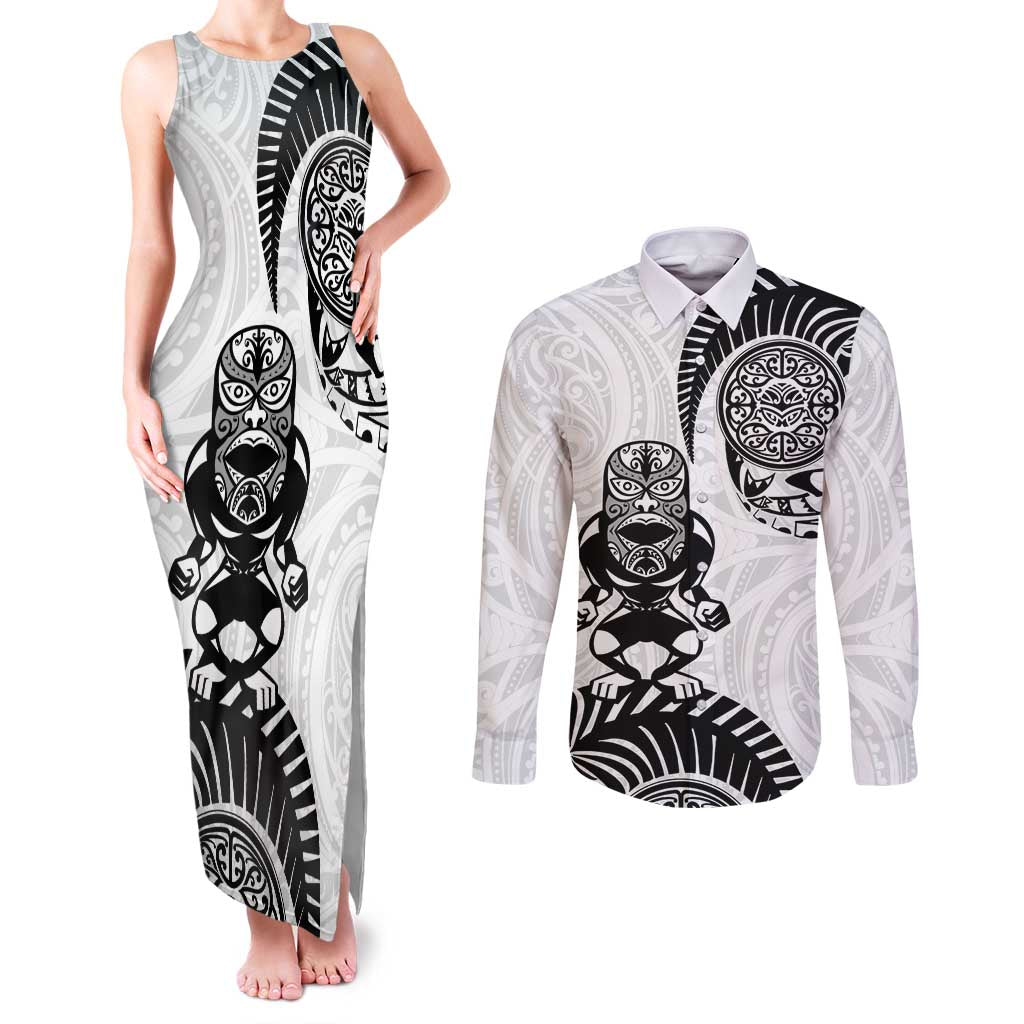 Custom Aotearoa Football Couples Matching Tank Maxi Dress and Long Sleeve Button Shirt NZ Maori Tiki Go Champions LT14 White - Polynesian Pride