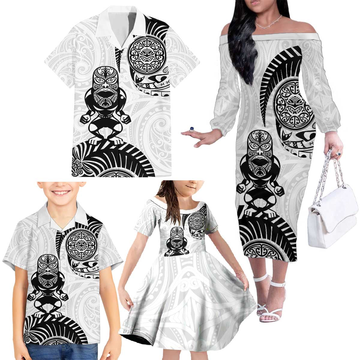 Custom Aotearoa Football Family Matching Off The Shoulder Long Sleeve Dress and Hawaiian Shirt NZ Maori Tiki Go Champions LT14 - Polynesian Pride