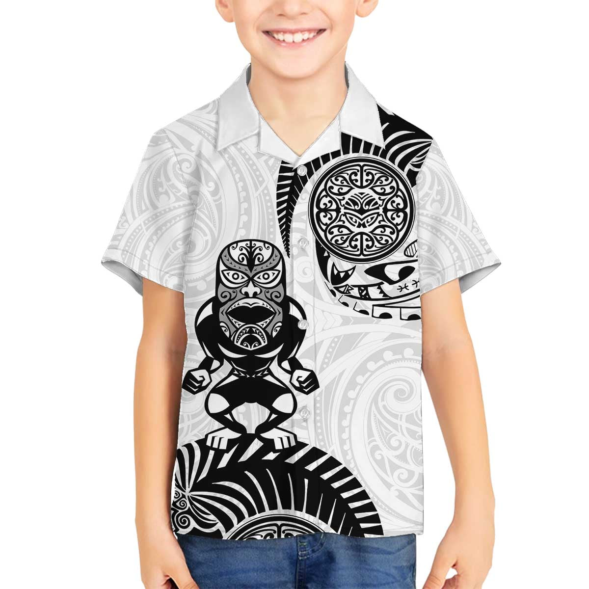 Custom Aotearoa Football Family Matching Off The Shoulder Long Sleeve Dress and Hawaiian Shirt NZ Maori Tiki Go Champions LT14 Son's Shirt White - Polynesian Pride