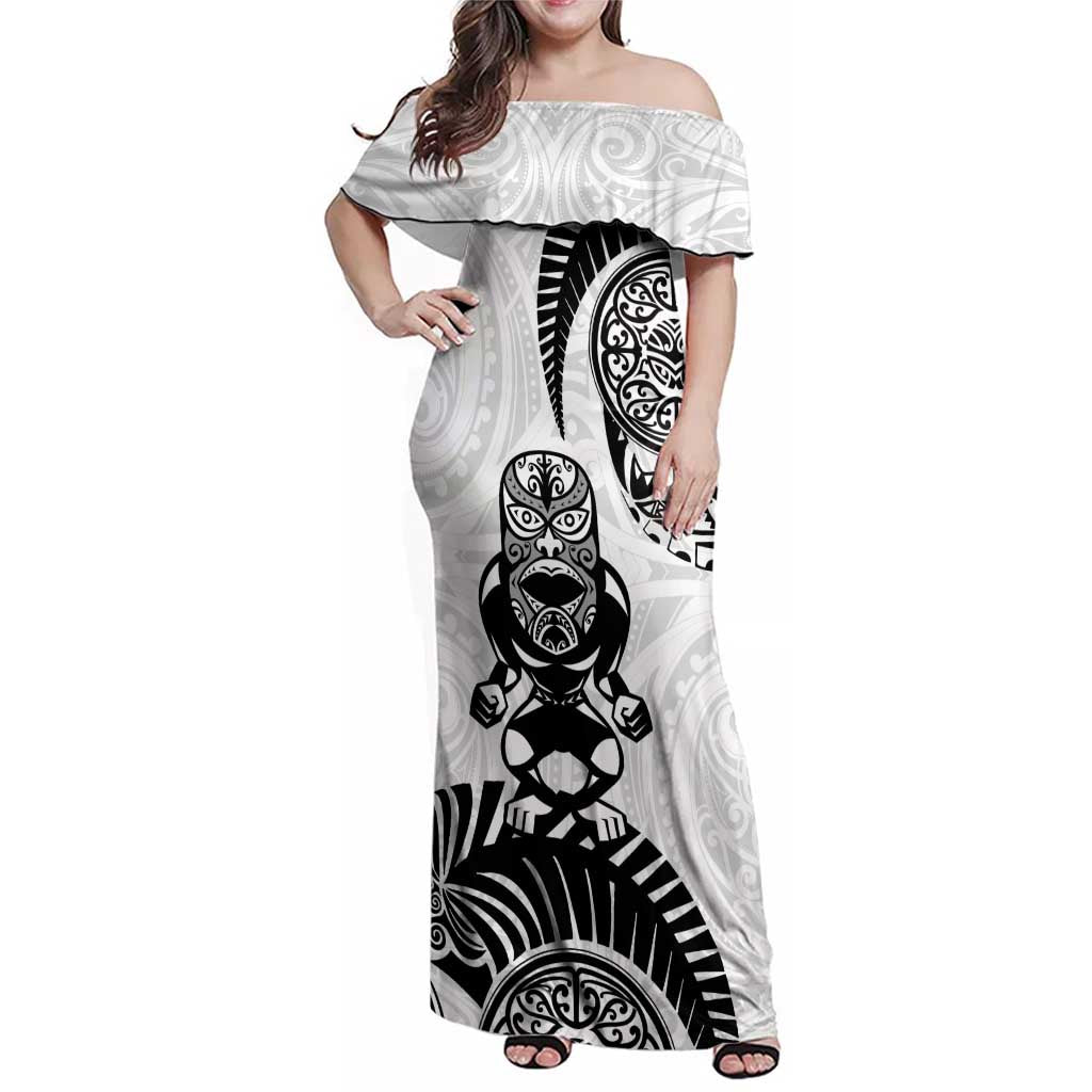 Custom Aotearoa Football Family Matching Off Shoulder Maxi Dress and Hawaiian Shirt NZ Maori Tiki Go Champions LT14 Mom's Dress White - Polynesian Pride