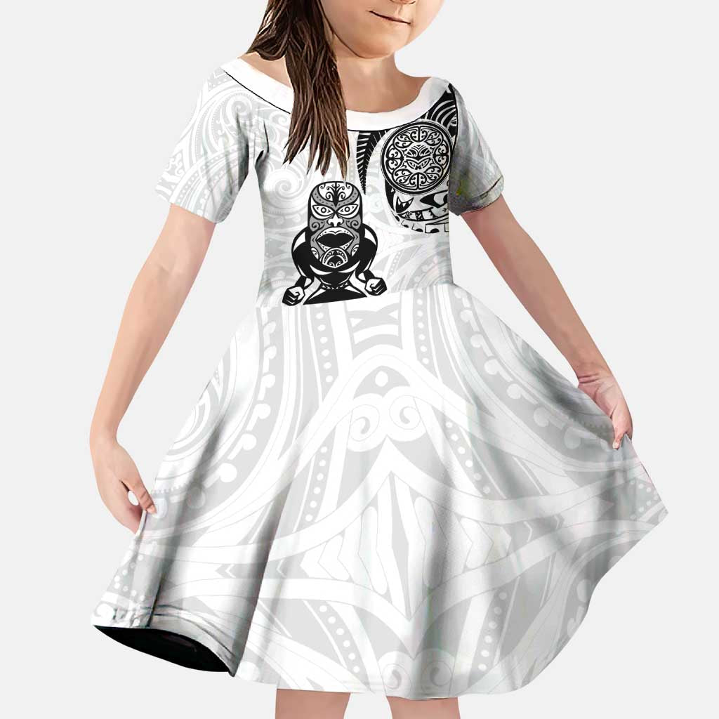 Custom Aotearoa Football Family Matching Puletasi and Hawaiian Shirt NZ Maori Tiki Go Champions LT14 Daughter's Dress White - Polynesian Pride