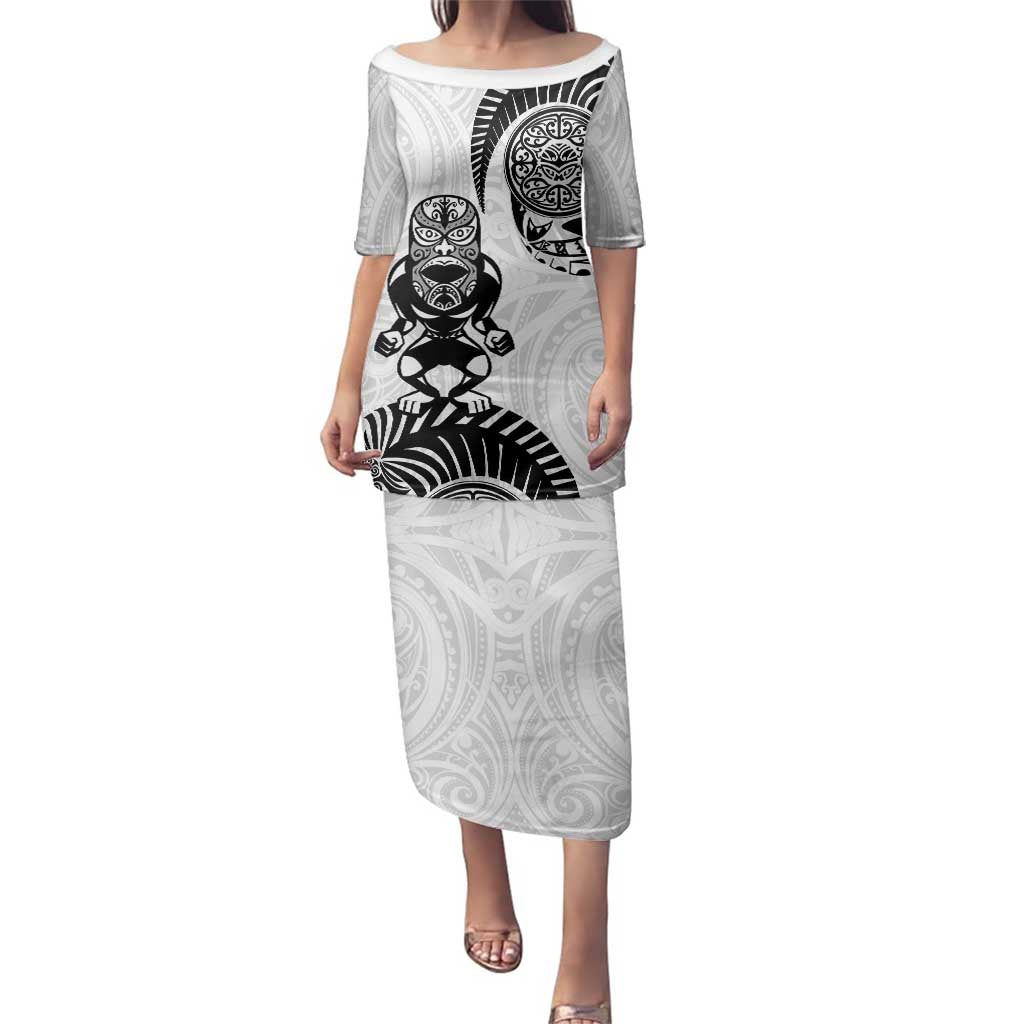 Custom Aotearoa Football Family Matching Puletasi and Hawaiian Shirt NZ Maori Tiki Go Champions LT14 Mom's Dress White - Polynesian Pride