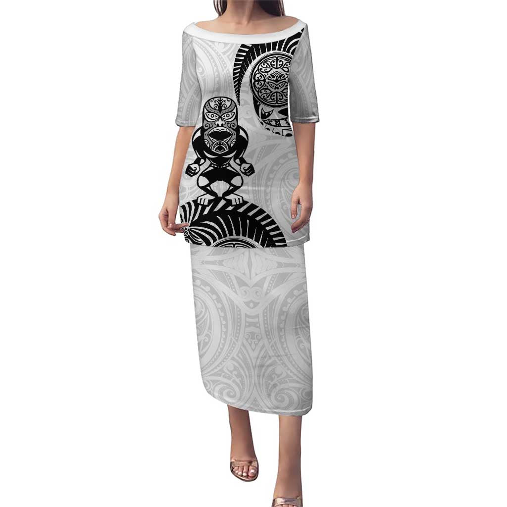 Custom Aotearoa Football Puletasi NZ Maori Tiki Go Champions LT14 Long Dress White - Polynesian Pride