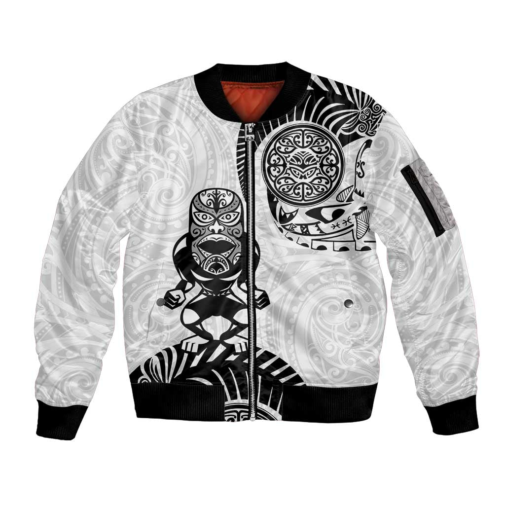 Custom Aotearoa Football Sleeve Zip Bomber Jacket NZ Maori Tiki Go Champions LT14 Unisex White - Polynesian Pride