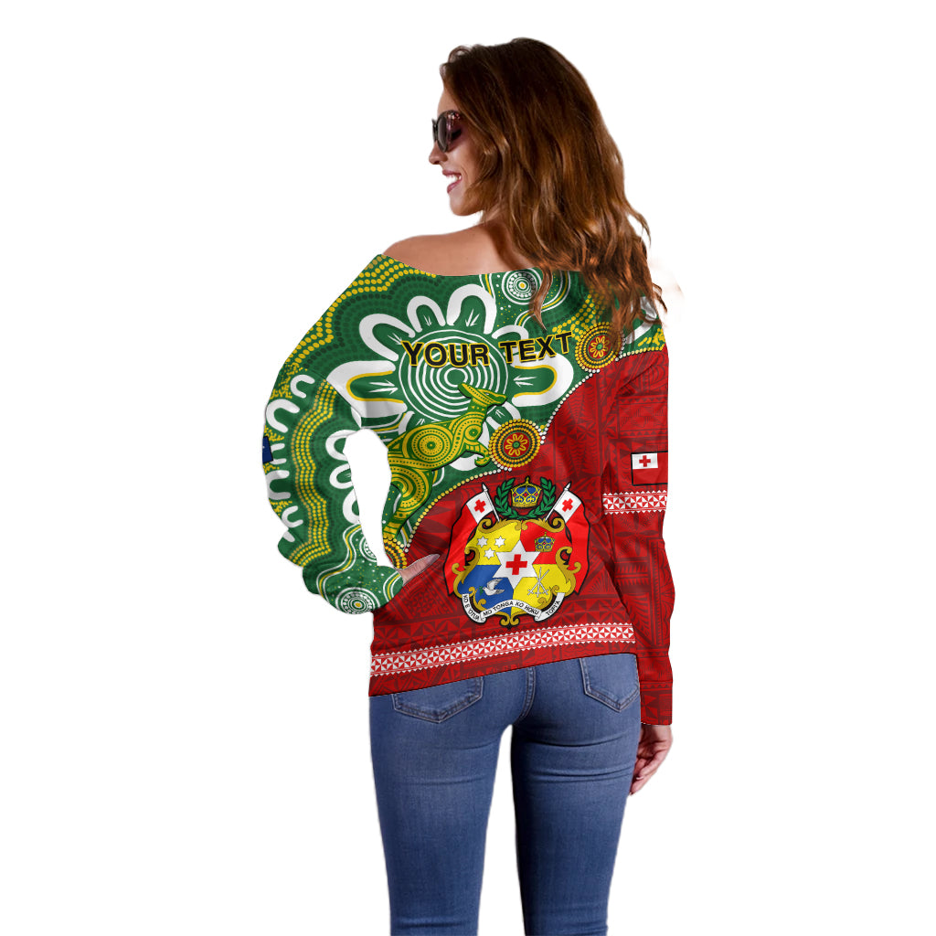 Personalised Australia And Tonga Off Shoulder Sweater Aboriginal Mix Tongan Ngatu Unique Style LT14 - Polynesian Pride