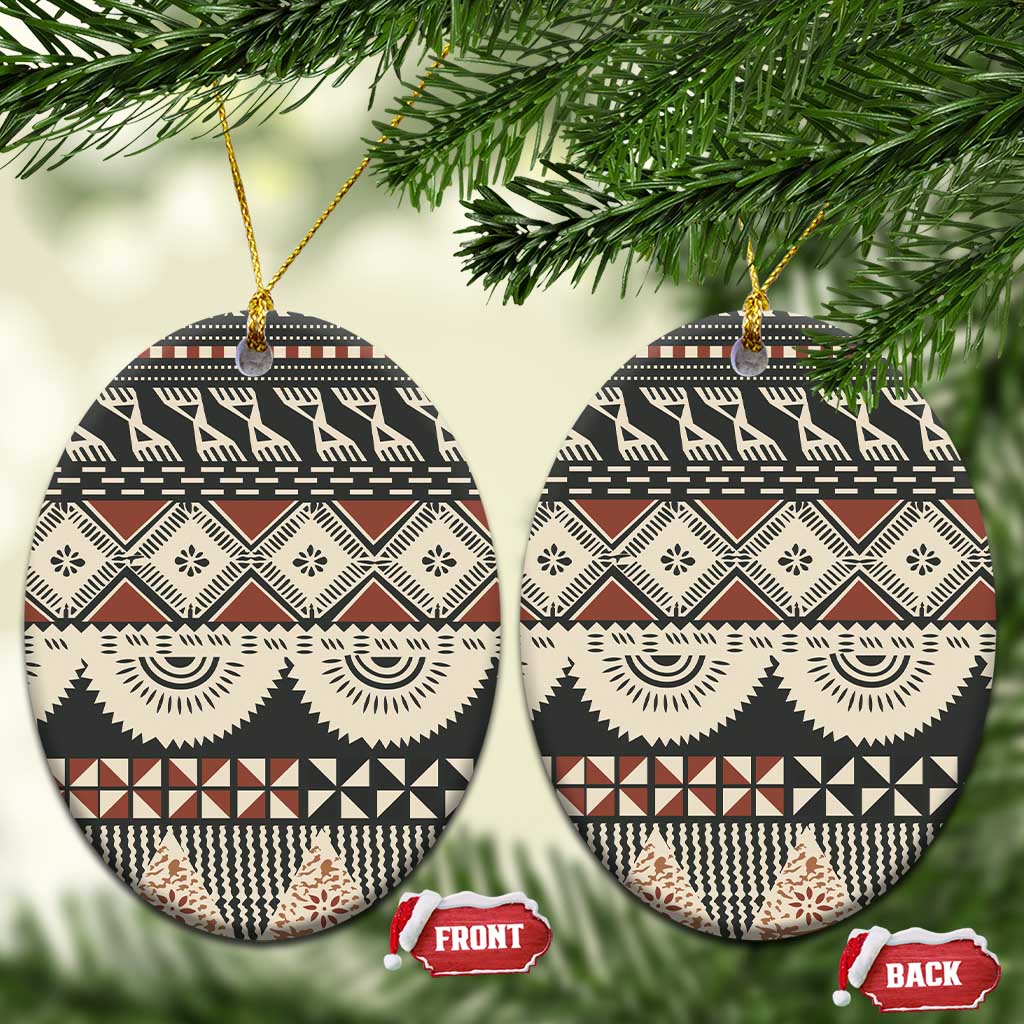 Vintage Bula Fiji Masi Ceramic Ornament Fijian Tapa Cloth LT14 Oval Charcoal - Polynesian Pride