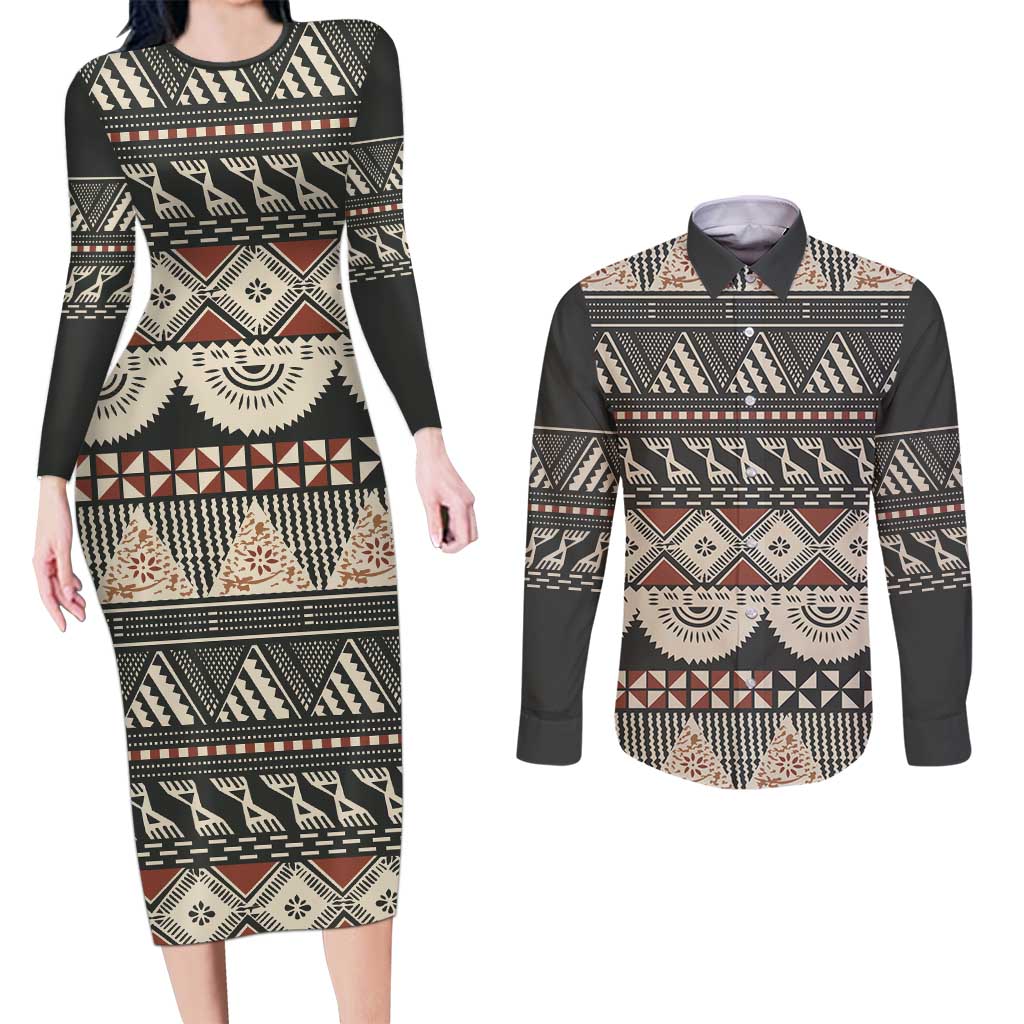 Vintage Bula Fiji Masi Couples Matching Long Sleeve Bodycon Dress and Long Sleeve Button Shirt Fijian Tapa Cloth LT14 Charcoal - Polynesian Pride