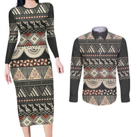 Vintage Bula Fiji Masi Couples Matching Long Sleeve Bodycon Dress and Long Sleeve Button Shirt Fijian Tapa Cloth LT14 Charcoal - Polynesian Pride