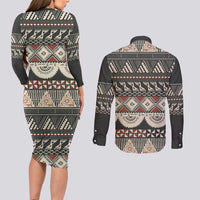 Vintage Bula Fiji Masi Couples Matching Long Sleeve Bodycon Dress and Long Sleeve Button Shirt Fijian Tapa Cloth LT14 - Polynesian Pride